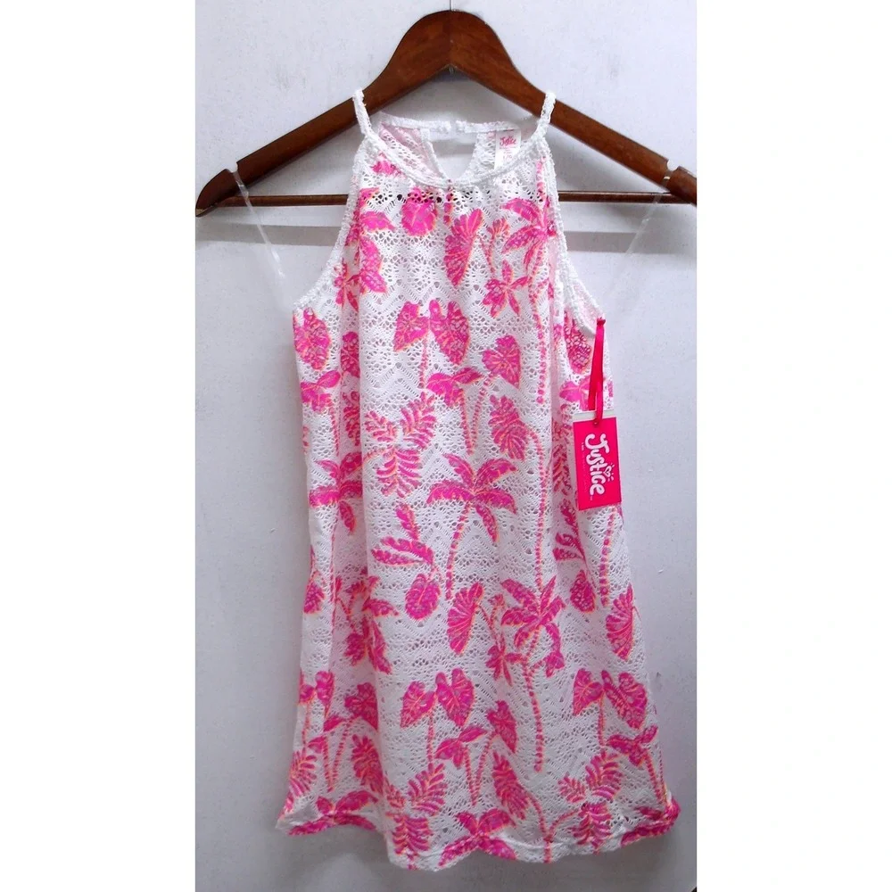 Justice Girls‎ L 12/14 Pink Palm Tree Lace Halter Cover Up Tropical / #26568